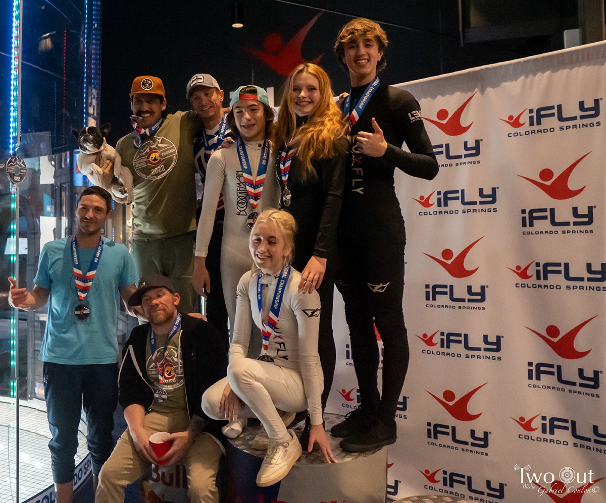 Competitors on the podium with their national championship medals