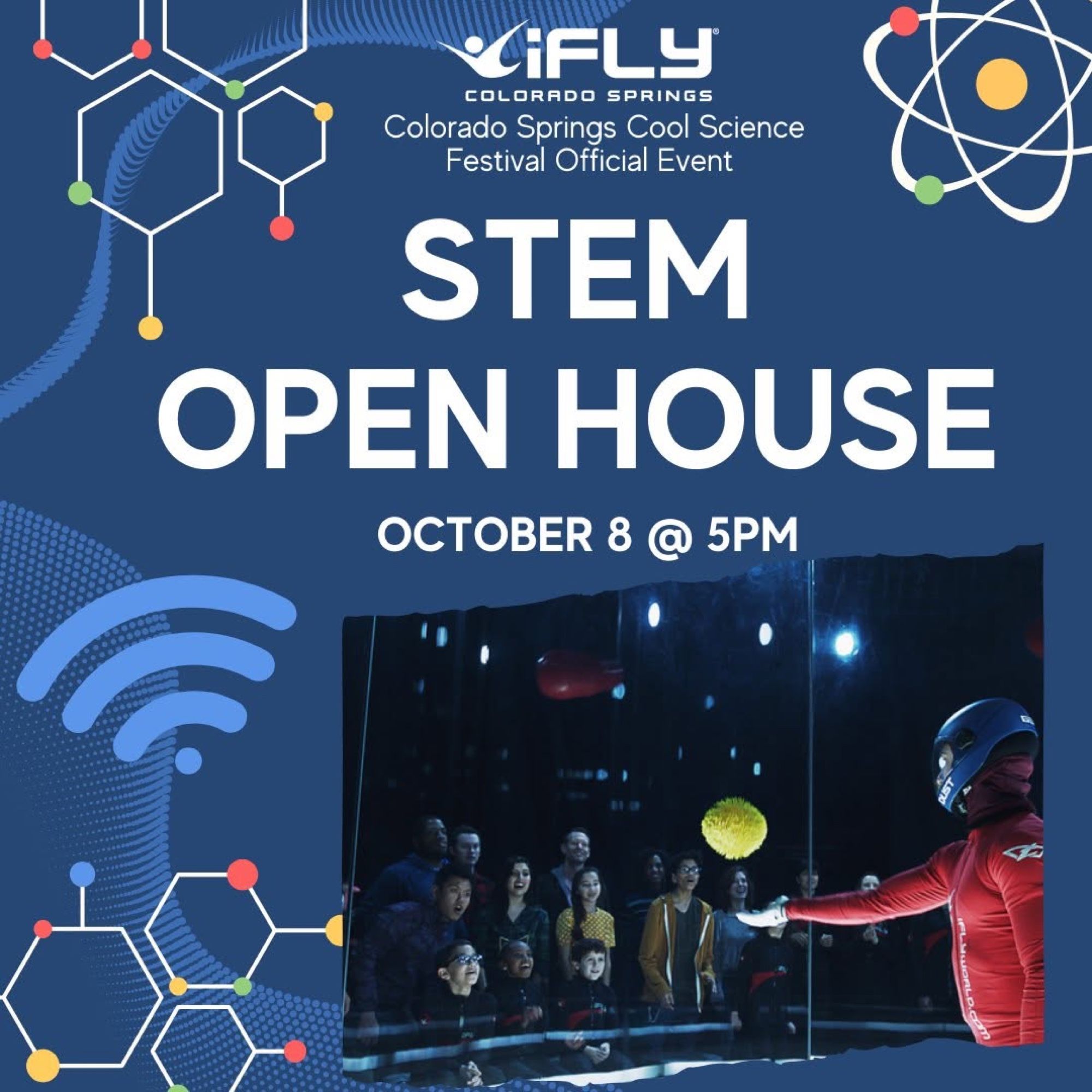 Flyer for the iFly STEM Open House, an official Colorado Springs Cool Science Festival event, showing a science demo in the tunnel